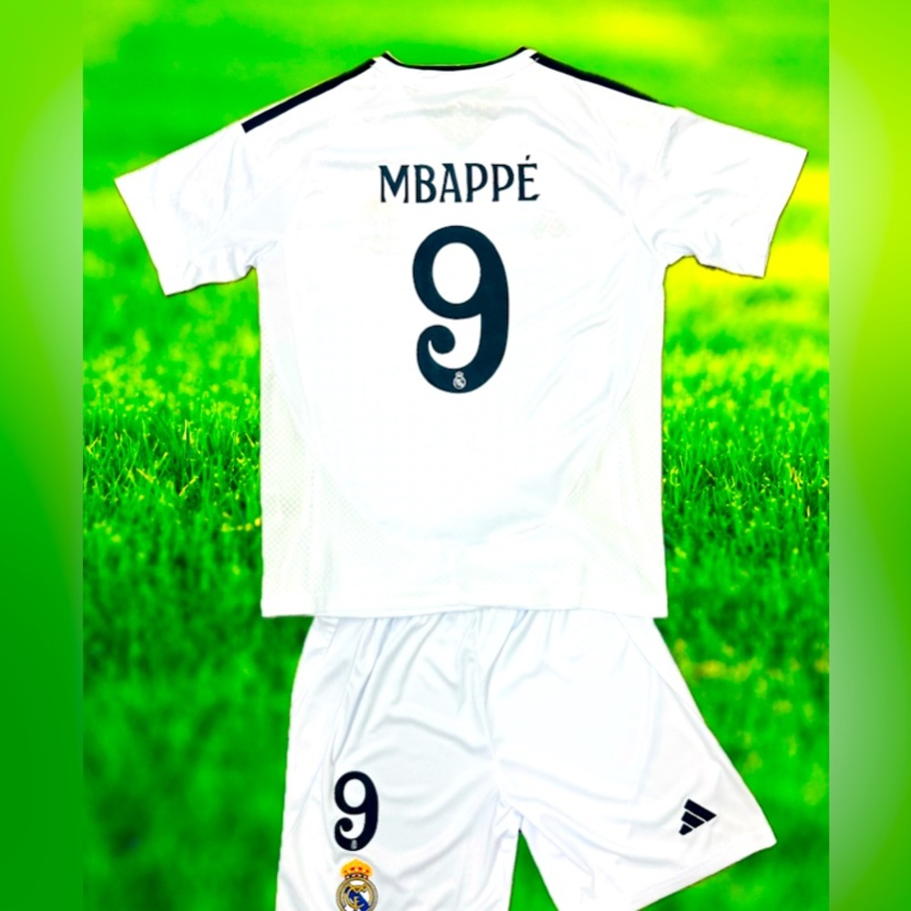 YOUTH Mbappe #9 Adidas Jersey Kids Soccer Kit Jersey + Shorts (MEDIUM) (26)